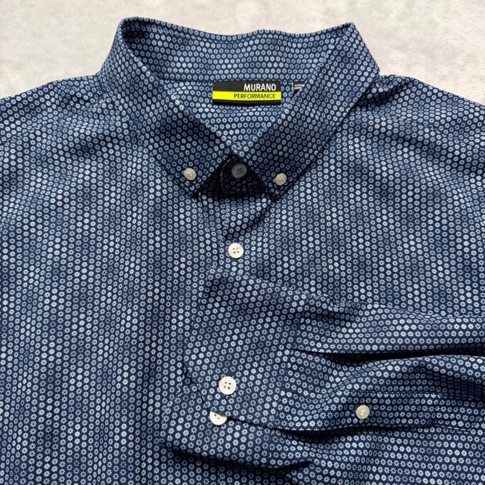 Murano Performance Mens 3XB Blue Floral Geometric Button Down Shirt Long Sleeve